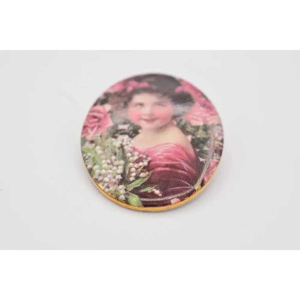 Vintage Porcelain Pin Brooch Girl Picture Screen Print Oldie Colorful 90s BinAT